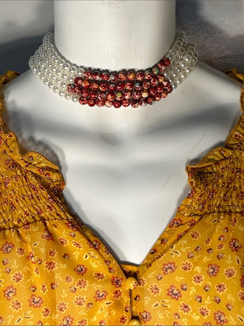 Pearl & Red Marbled Bead Multi-Strand Choker Necklace Boho Coquette Parisian